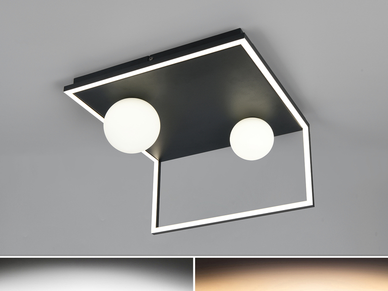 LED Deckenleuchte AROLA Schwarz, dimmbar mit 2 Glaskugeln, Breite 37,5cm