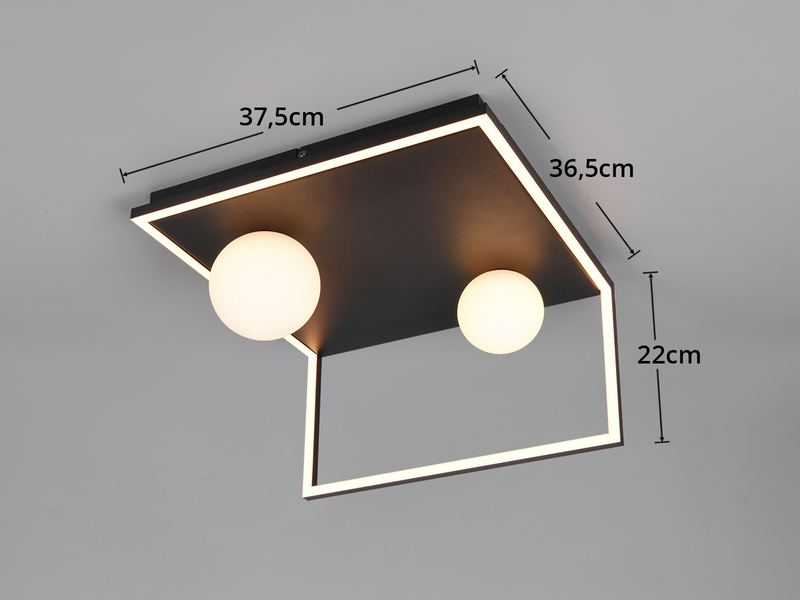LED Deckenleuchte AROLA Schwarz, dimmbar mit 2 Glaskugeln, Breite 37,5cm
