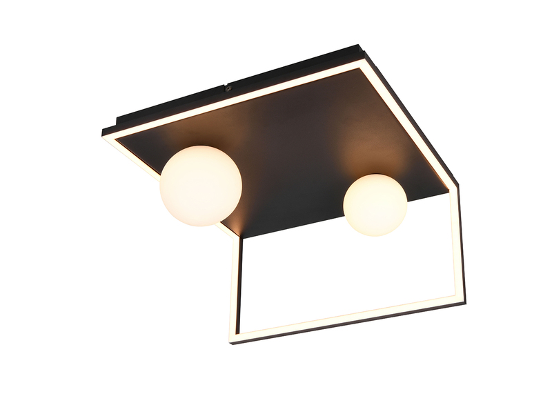 LED Deckenleuchte AROLA Schwarz, dimmbar mit 2 Glaskugeln, Breite 37,5cm
