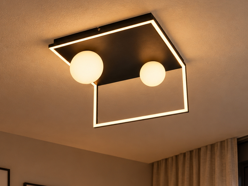 LED Deckenleuchte AROLA Schwarz, dimmbar mit 2 Glaskugeln, Breite 37,5cm