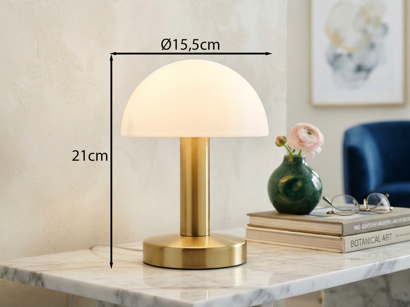 Tischlampe WARIN II touch dimmbar Messing Glasschirm Weiß mit E14 LED, Höhe 21cm