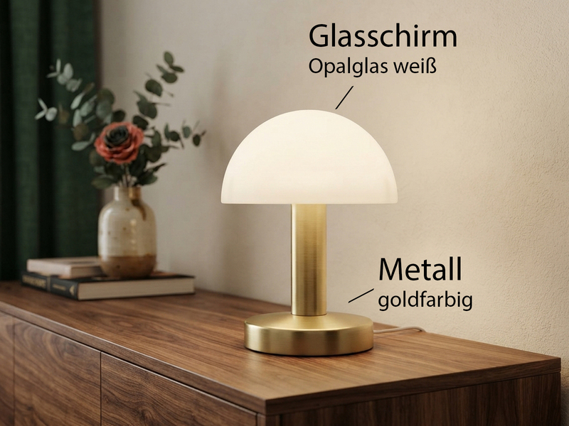 Tischlampe WARIN II touch dimmbar Messing Glasschirm Weiß mit E14 LED, Höhe 21cm