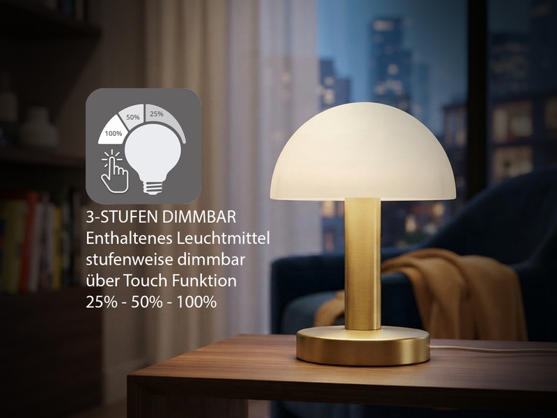 Tischlampe WARIN II touch dimmbar Messing Glasschirm Weiß mit E14 LED, Höhe 21cm