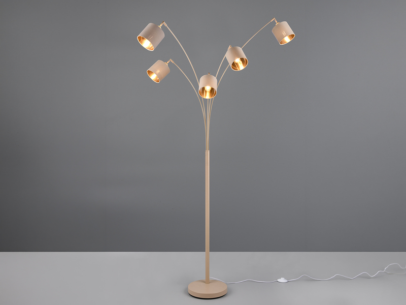 Stehlampe 5-flammig gebogen Stoffschirme Beige Gold mit E14 LED , Höhe 200cm