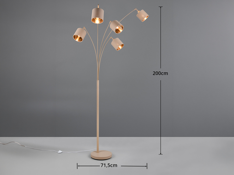 Stehlampe 5-flammig gebogen Stoffschirme Beige Gold mit E14 LED , Höhe 200cm