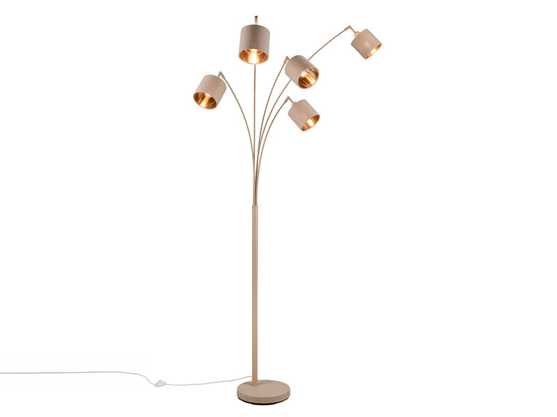 Stehlampe 5-flammig gebogen Stoffschirme Beige Gold mit E14 LED , Höhe 200cm
