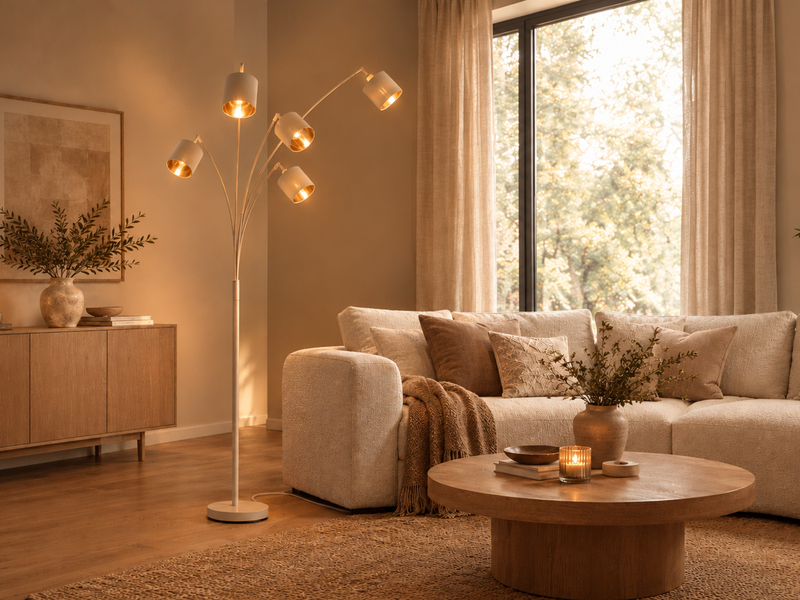 Stehlampe 5-flammig gebogen Stoffschirme Beige Gold mit E14 LED , Höhe 200cm
