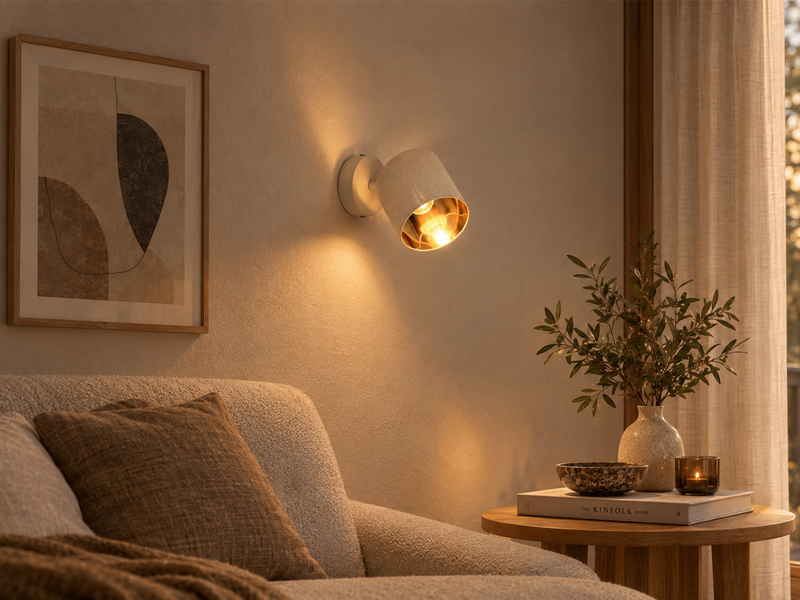 Wandstrahler mit Stoffschirm Beige Gold inkl. E14 LED, Breite 12cm