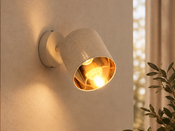 Wandstrahler mit Stoffschirm Beige Gold inkl. E14 LED, Breite 12cm