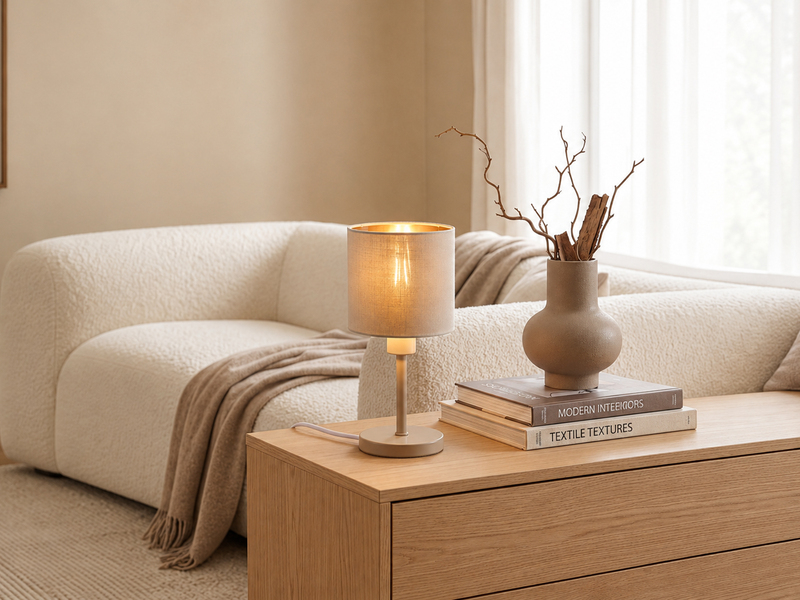 Tischlampe Beige mit Stoffschirm Beige Gold inkl. E14 LED, Höhe 25,5cm