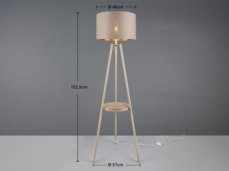 Tripod Stehlampe Stoffschirm Beige/Gold & Ablagetisch inkl. E27 LED, H: 152cm