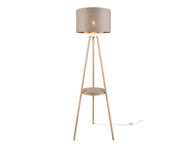 Tripod Stehlampe Stoffschirm Beige/Gold & Ablagetisch inkl. E27 LED, H: 152cm