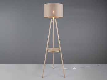 Tripod Stehlampe Stoffschirm Beige/Gold & Ablagetisch inkl. E27 LED, H: 152cm