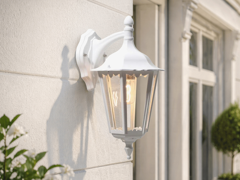 Große Außenwandleuchte Laterne hängend aus Aluminium Weiß, Höhe 45cm