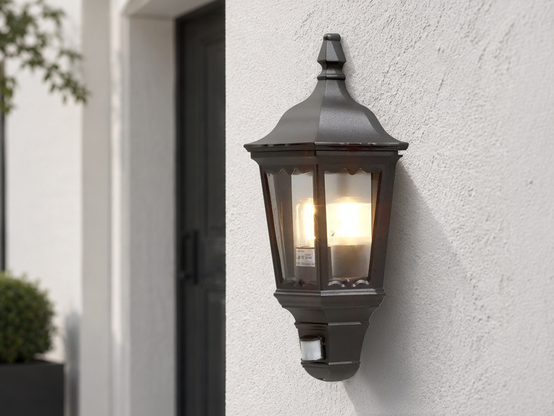 Außenwandleuchte mit Bewegungsmelder E27 Laternen Halbschale Schwarz Höhe 49,5cm