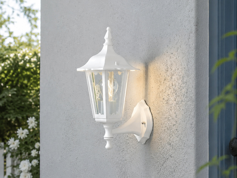 Außenwandleuchte antike Laterne stehend aus Aluminium Weiß, E27, Höhe 36cm