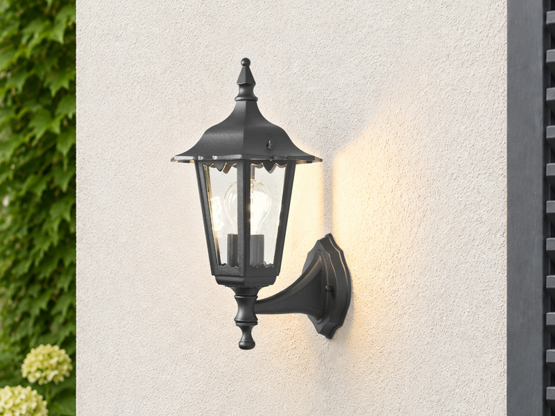Außenwandleuchte antike Laterne stehend aus Aluminium Schwarz, E27, Höhe 36cm