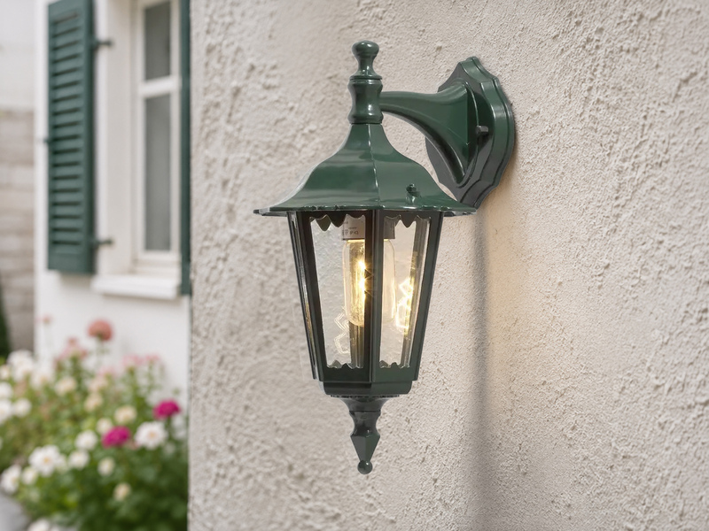 Außenwandleuchte antike Laterne hängend aus Aluminium Grün, E27, Höhe 39cm