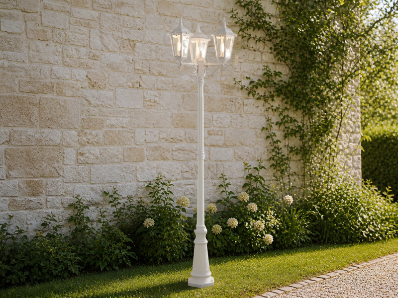 Große Straßenlaterne Aluminium Weiß, E27 Gartenlaterne 3-flammig, Höhe 220cm
