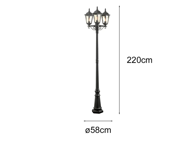 Große Straßenlaterne Aluminium Schwarz, E27 Gartenlaterne 3-flammig, Höhe 220cm