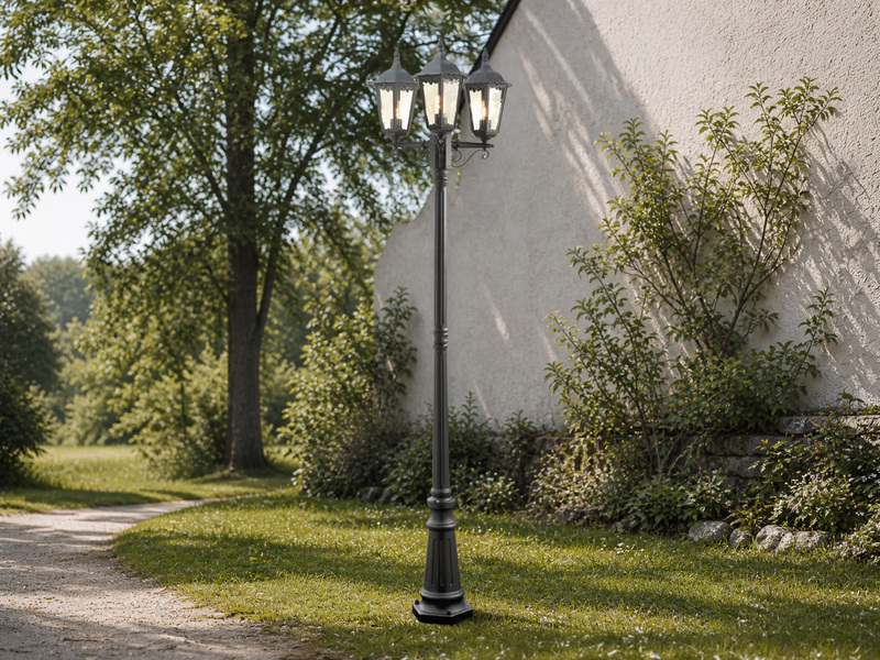 Große Straßenlaterne Aluminium Schwarz, E27 Gartenlaterne 3-flammig, Höhe 220cm