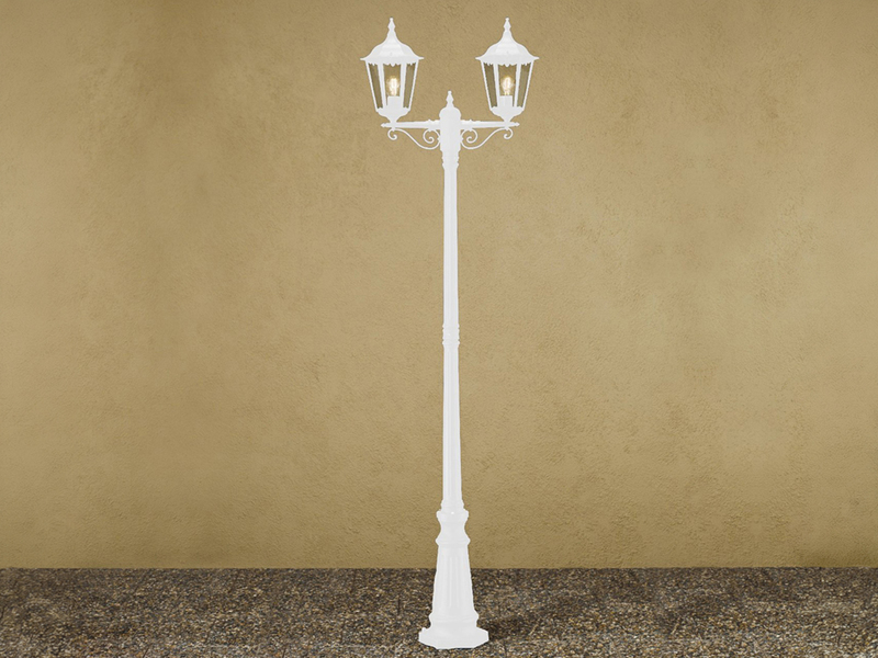 Straßenlaterne 2-flammig Aluminium Weiß, antike E27 Mastleuchte, Höhe 220cm