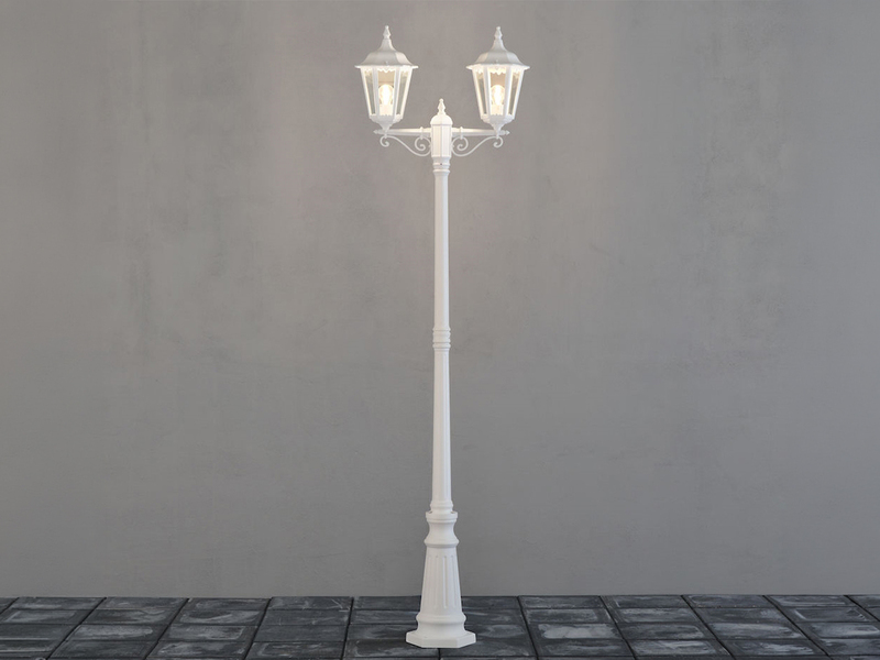 Straßenlaterne 2-flammig Aluminium Weiß, antike E27 Mastleuchte, Höhe 220cm