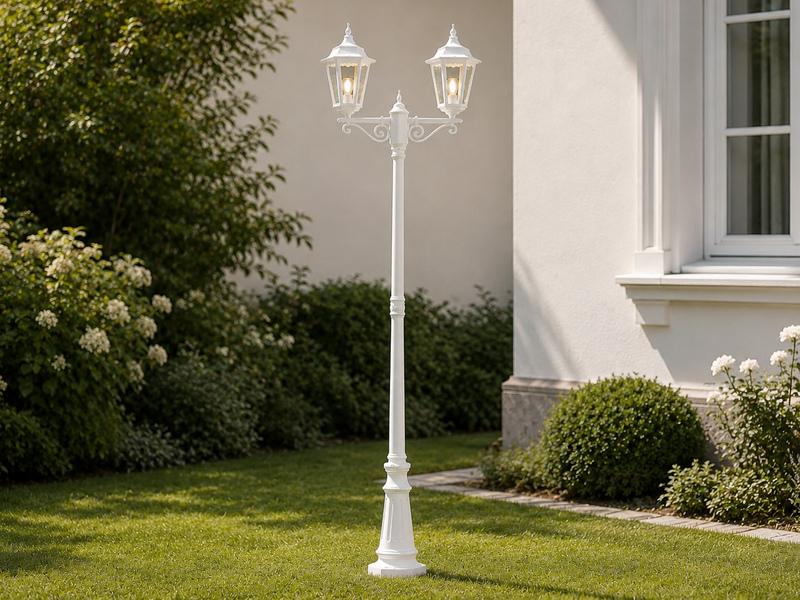 Straßenlaterne 2-flammig Aluminium Weiß, antike E27 Mastleuchte, Höhe 220cm
