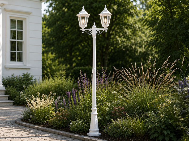 Straßenlaterne 2-flammig Aluminium Weiß, antike E27 Mastleuchte, Höhe 220cm