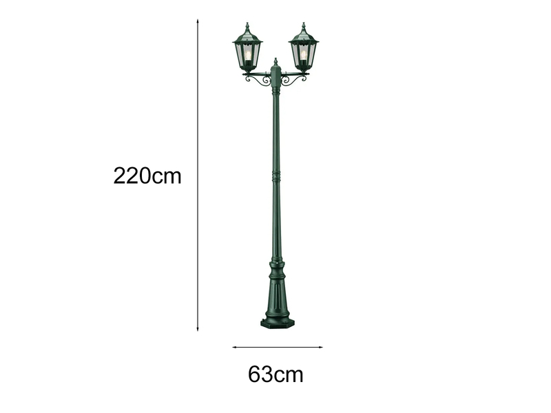 Straßenlaterne 2-flammig Aluminium Grün, antike E27 Mastleuchte, Höhe 220cm