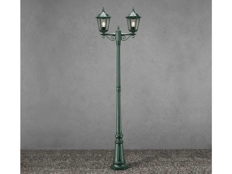 Straßenlaterne 2-flammig Aluminium Grün, antike E27 Mastleuchte, Höhe 220cm