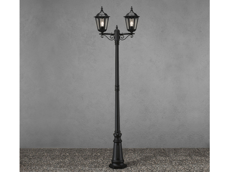 Straßenlaterne 2-flammig Aluminium Schwarz, antike E27 Mastleuchte, Höhe 220cm