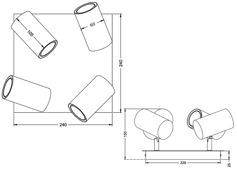 Deckenstrahler MARLEY Silber 4-flammig, Quadrat 24cm