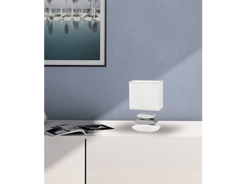 Kleine Tischlampe LINER Weiß mit Keramikfuß in Steinoptik & Stoffschirm eckig