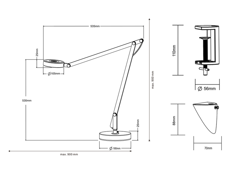 LED Schreibtischlampe AMSTERDAM Weiß, auch zum Klemmen, Höhe max. 90cm
