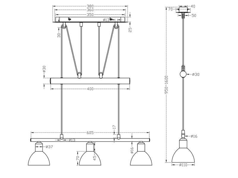 Höhenverstellbare LED Zugpendelleuchte LEVISTO Messing, 3-flammig Breite 60cm