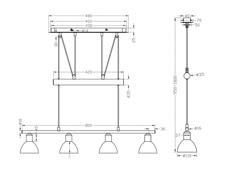 LED Pendelleuchte LEVISTO Messing 4-flammig höhenverstellbar bis 160cm, B: 80cm