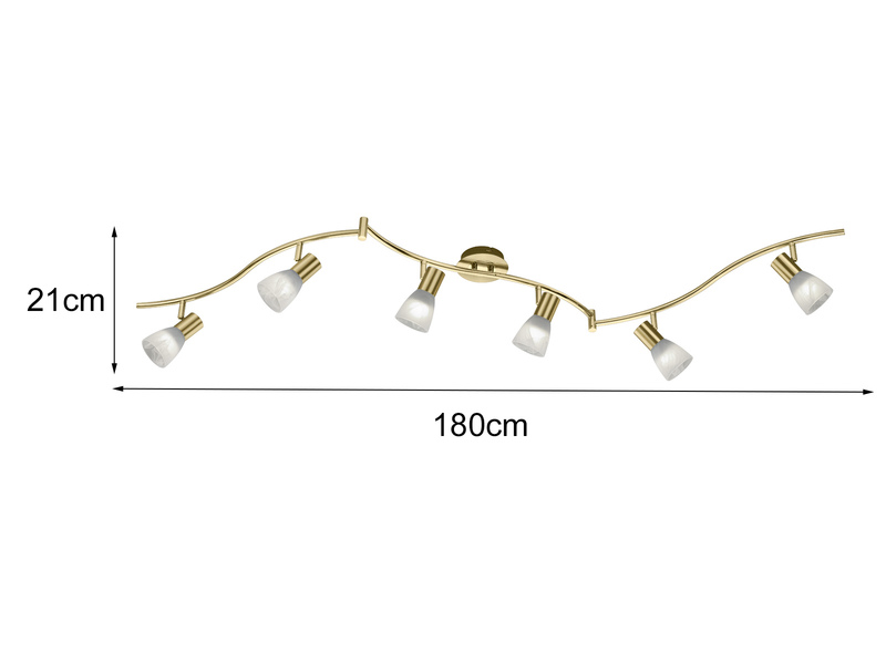 LED Deckenstrahler LEVISTO Messing 6-flammig mit Glasschirmen, Breite 180cm