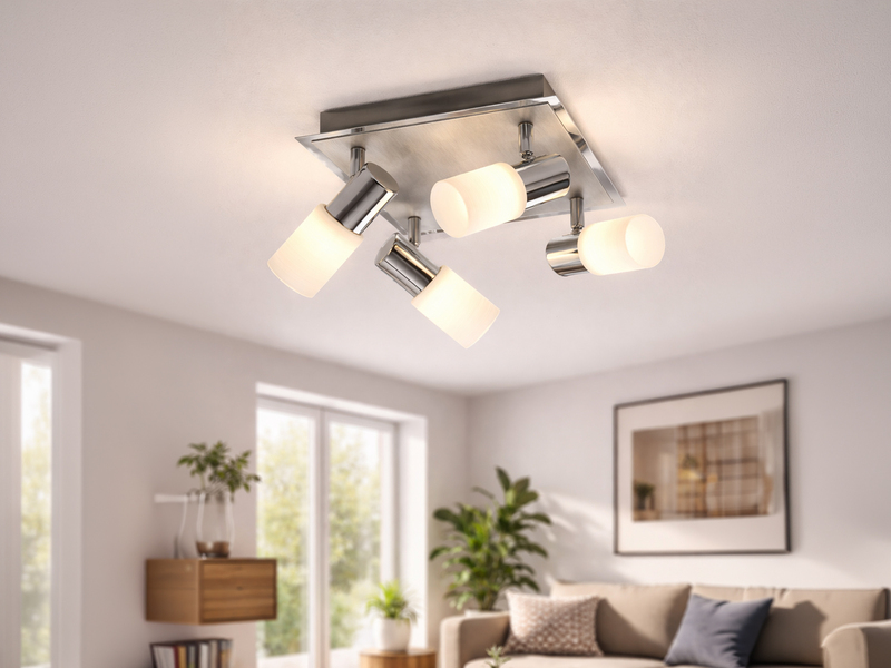 LED Deckenstrahler CLAPTON 4-flammig, Silber mit Glasschirmen, Breite 31cm