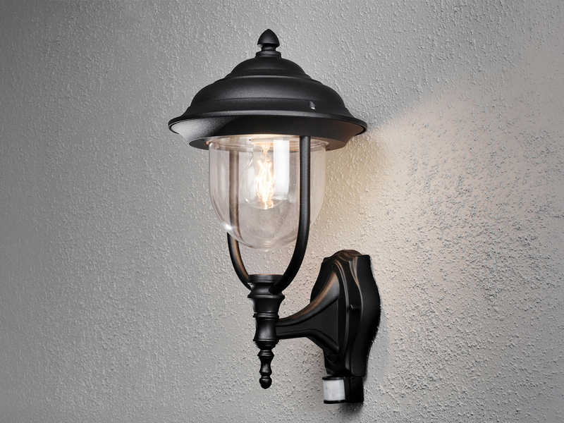 Landhausstil Außenwandleuchte PARMA Schwarz mit Bewegungsmelder, Höhe 48cm