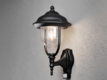Landhausstil Außenwandleuchte PARMA Schwarz mit Bewegungsmelder, Höhe 48cm