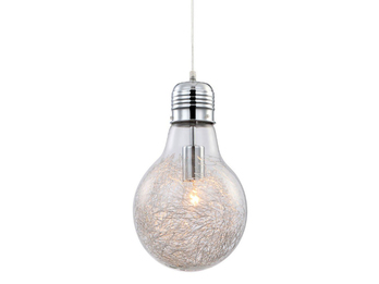Pendelleuchte FELIX im Design Glühbirne, Chrom / Glas mit Alugeflecht, inkl. LED