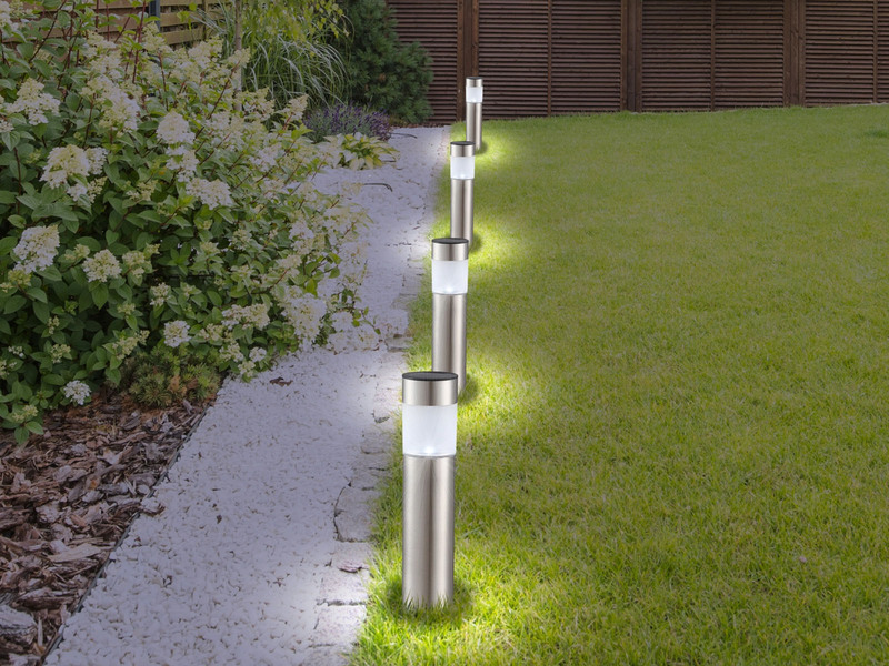 4er Set LED Solarleuchten mit Erdspieß, Gartenlampen Edelstahl, Höhe 38 cm