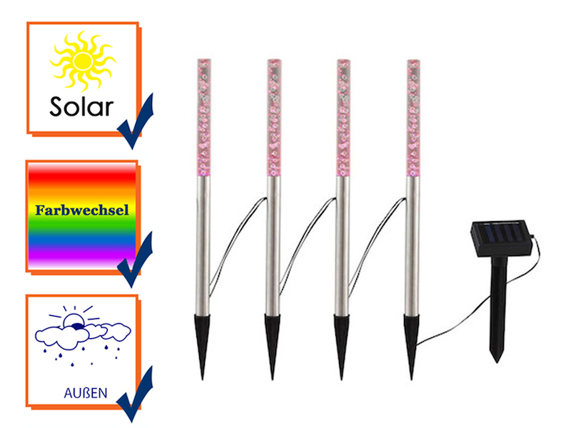 4 RGB LED Solarstäbchen mit Erdspieß & separatem Solarpanel für den Außenbereich