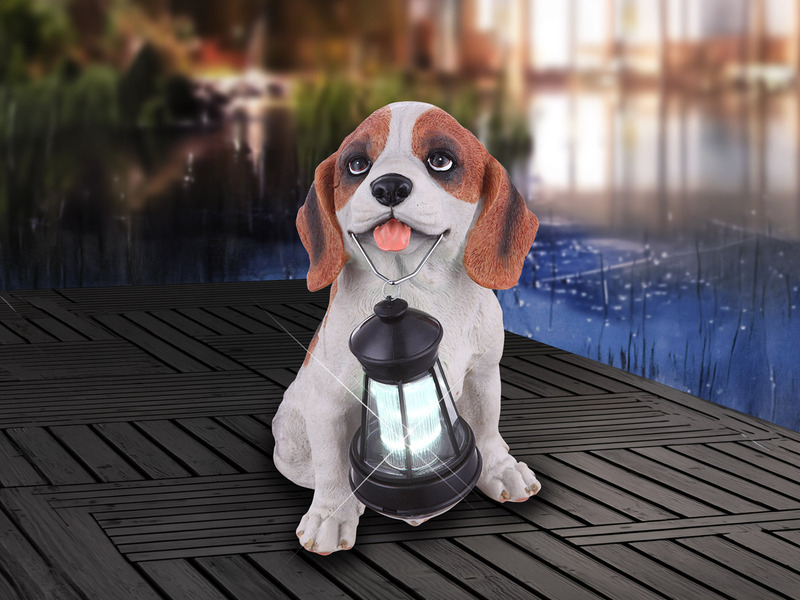 LED Deko Solarleuchte Hundelampe Beagle mit Laterne in Braun-Weiß, Höhe 26cm