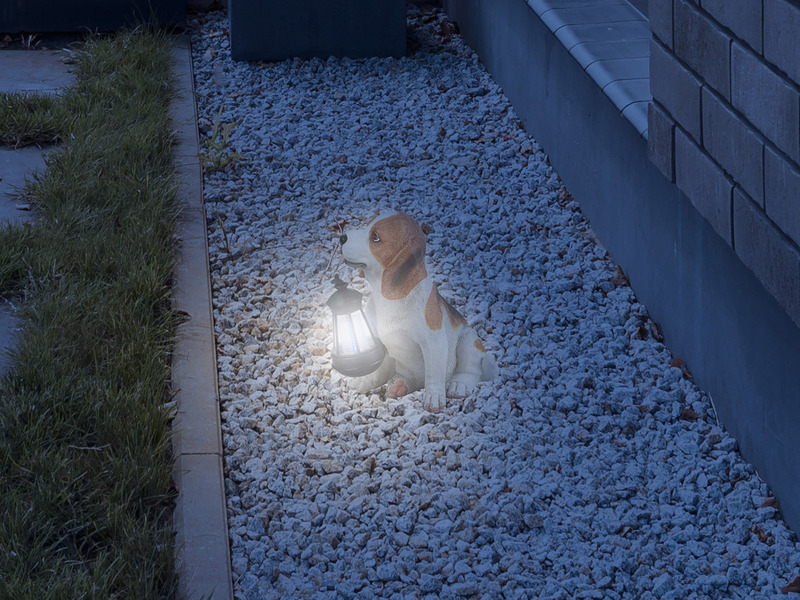 LED Deko Solarleuchte Hundelampe Beagle mit Laterne in Braun-Weiß, Höhe 26cm