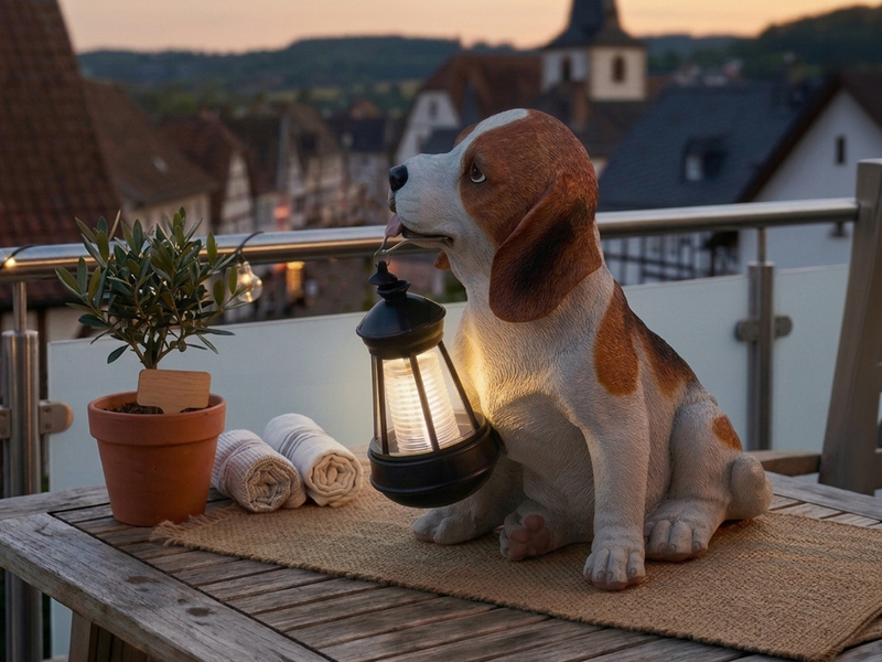 LED Deko Solarleuchte Hundelampe Beagle mit Laterne in Braun-Weiß, Höhe 26cm