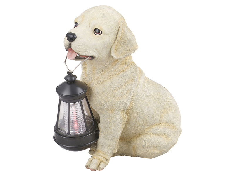 LED Deko Solarleuchte Hundelampe Welpe mit Laterne in Beige-Weiß, Höhe 26cm
