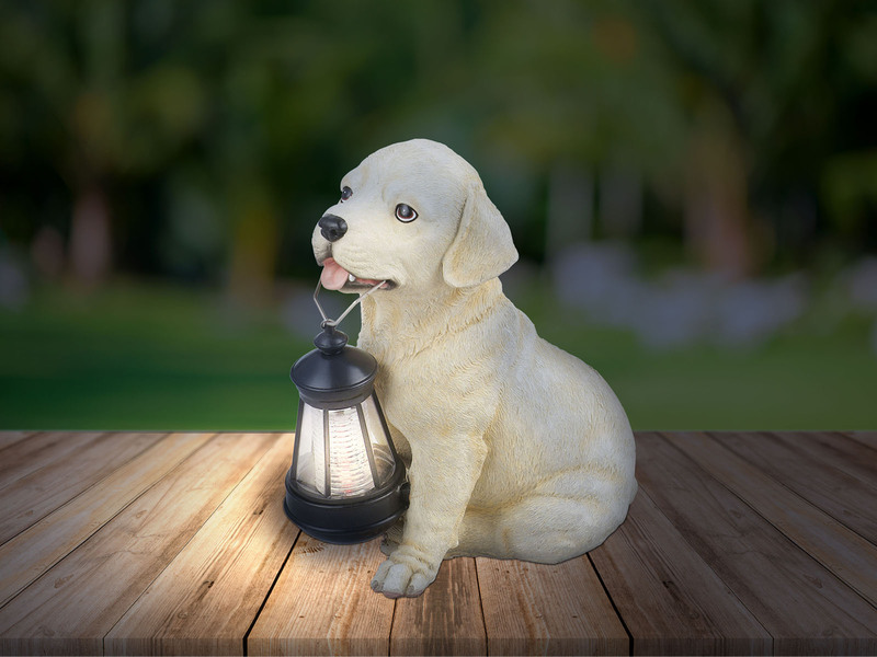LED Deko Solarleuchte Hundelampe Welpe mit Laterne in Beige-Weiß, Höhe 26cm