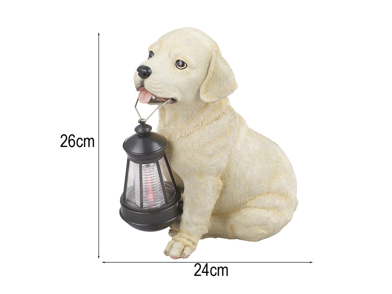 LED Deko Solarleuchte Hundelampe Welpe mit Laterne in Beige-Weiß, Höhe 26cm